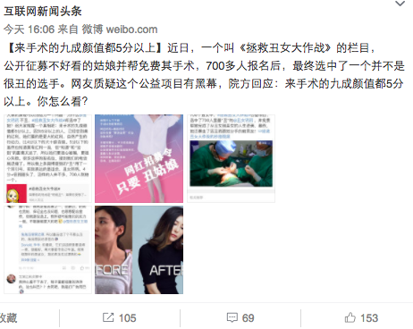 拯救丑女大作戰(zhàn)遭質(zhì)疑，院方：來手術(shù)的顏值都5分以上